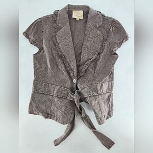 Brown Cap Sleeve Blouse‎ with Ruffled Tie Front